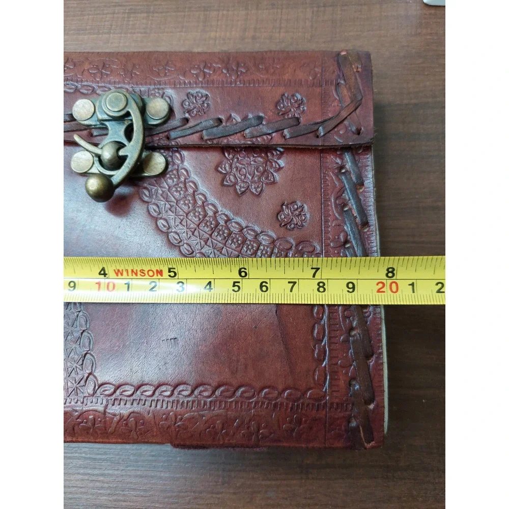 Embossed Leather Journal Handmade Paper Brass Clasp Brown Diary 6x8‎